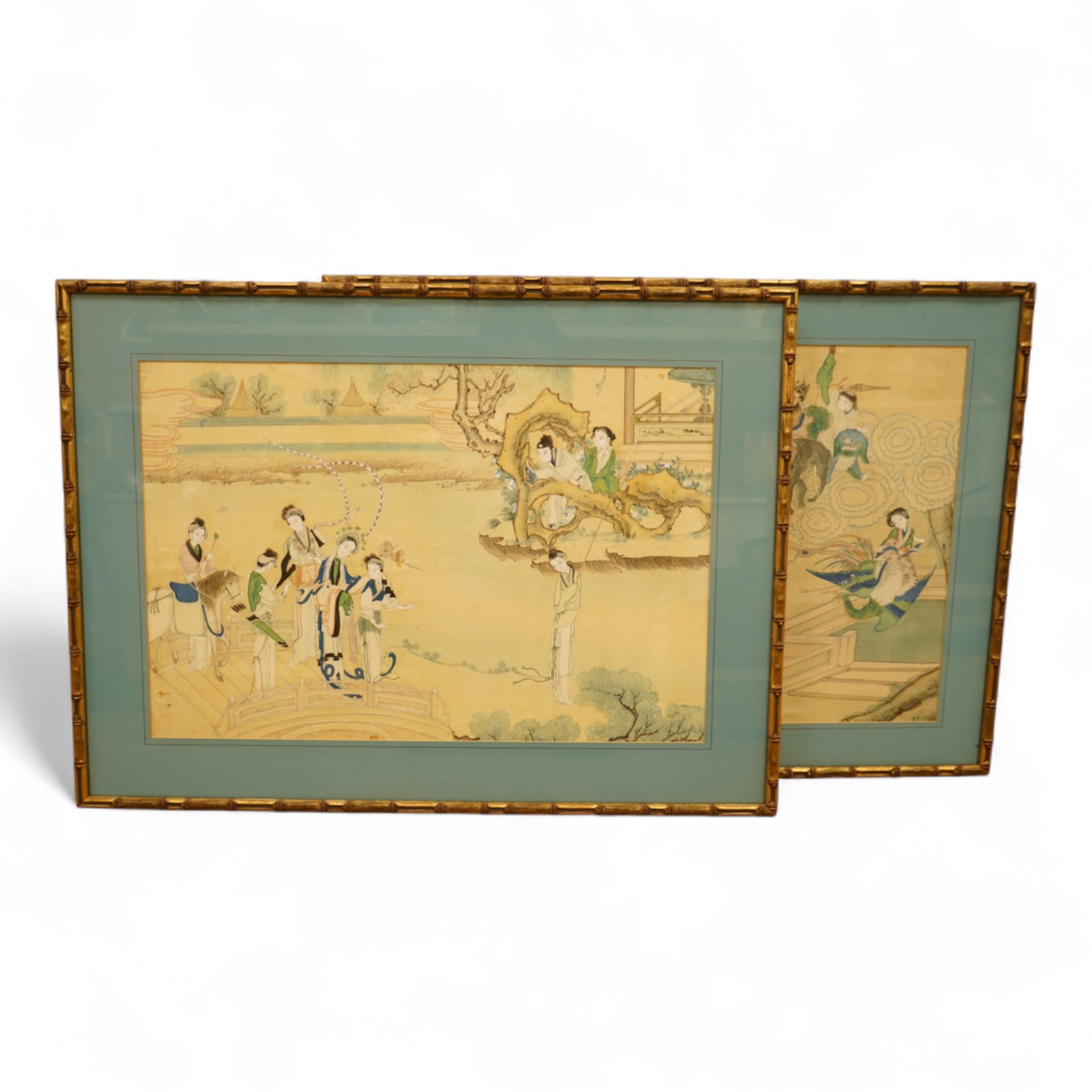 Chinese School (early 20th century), a pair of paintings on silk, Immortals in the heavens including Shou Lao and Xi Wangmu and figures by a lake, 35 x 53cm